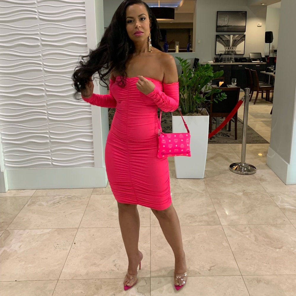 Neon coral pink dress off shoulder